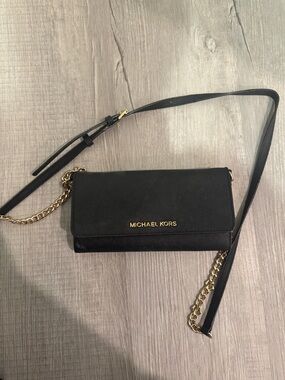 Michael Kors Black Leather Crossbody Wallet with Gold Chain